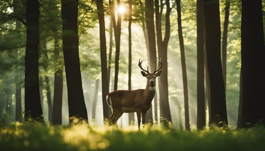 male deer standing in forest just before sunset