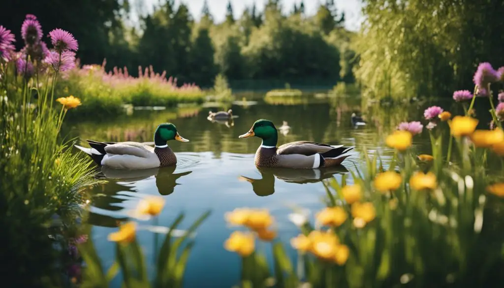 two mallard ducks swimming in a pond surrounded by yellow and purple flowers
