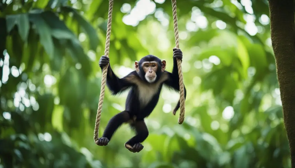 small black and white monkey hanging from two ropes