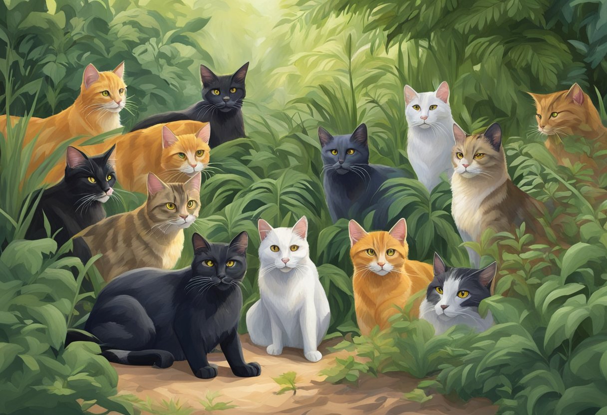Feral cats gather in a secluded, overgrown area. Some seek shelter under bushes, while others lie still in the open, surrounded by their feline companions