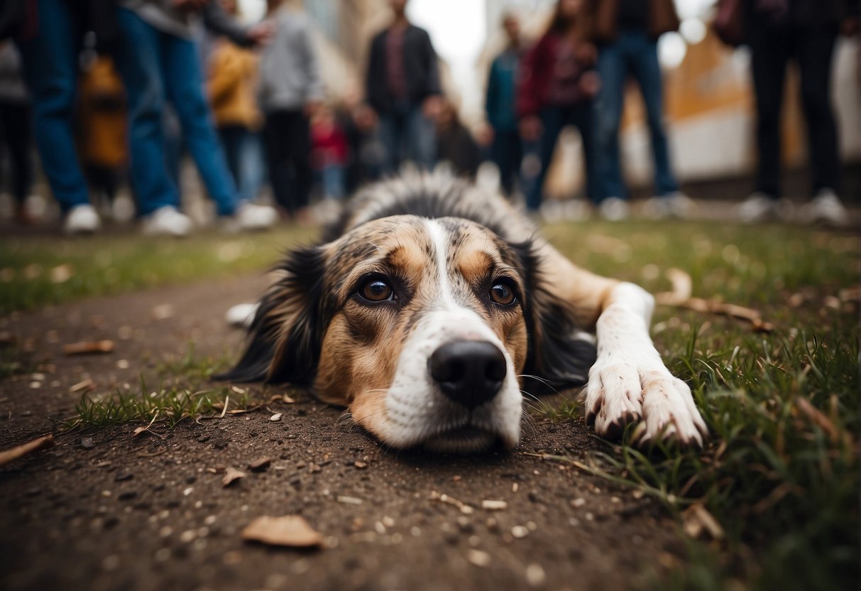 A dead dog lies on the ground. It is surrounded by curious onlookers, some pointing and others whispering