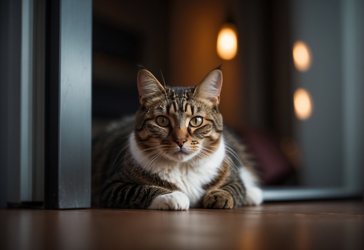 A cat lies by a closed door, eyes closed, body relaxed. The room is dimly lit, with a cozy bed nearby