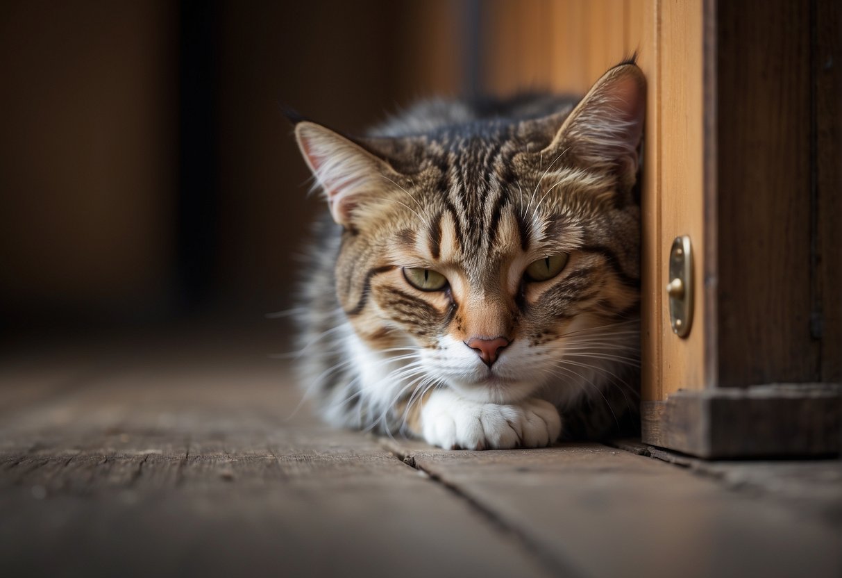 A cat lies curled up by a closed door, eyes closed in sleep, tail wrapped around its body