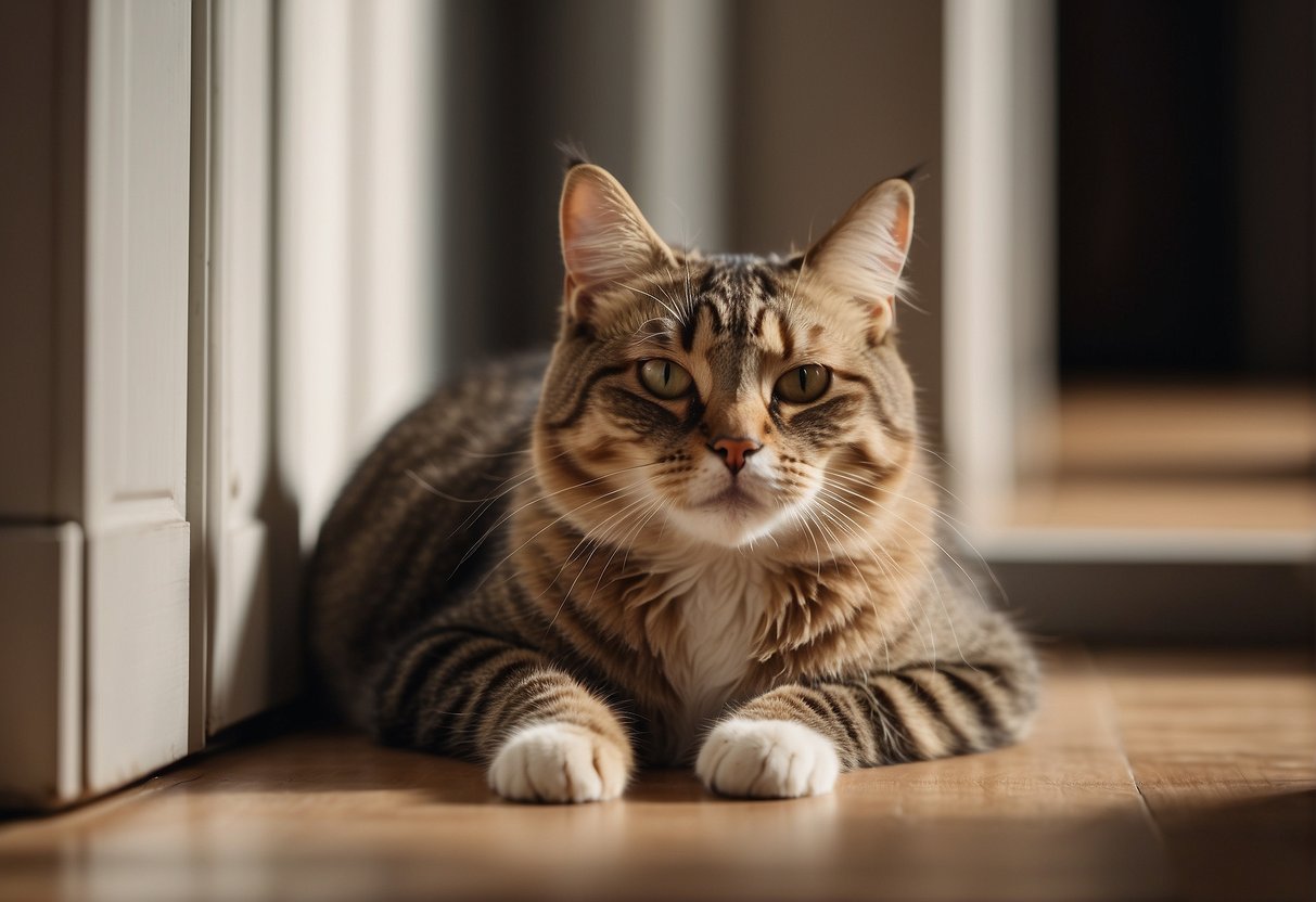A cat peacefully sleeping by a closed door, with a curious expression on its face. The soft glow of light from underneath the door adds a cozy atmosphere to the scene