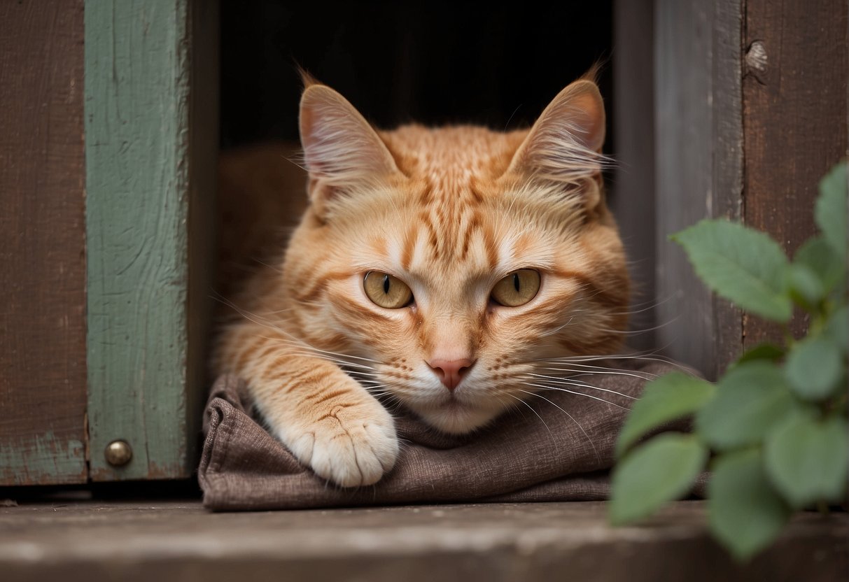 A cat curled up by a closed doorway, head resting on paws, eyes closed in peaceful slumber. The door symbolizes a barrier, security, and mystery
