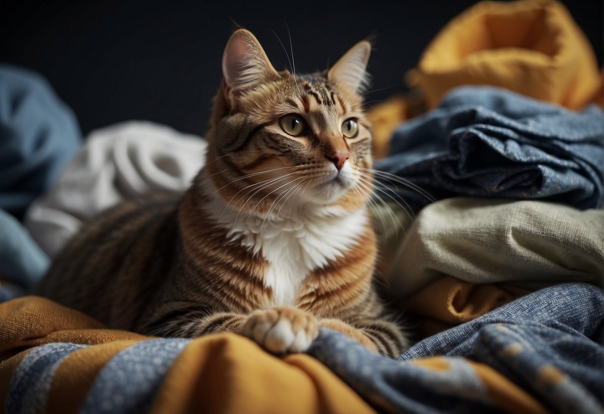 A cat lounges on a pile of clothes, kneading the fabric with its paws and purring contentedly