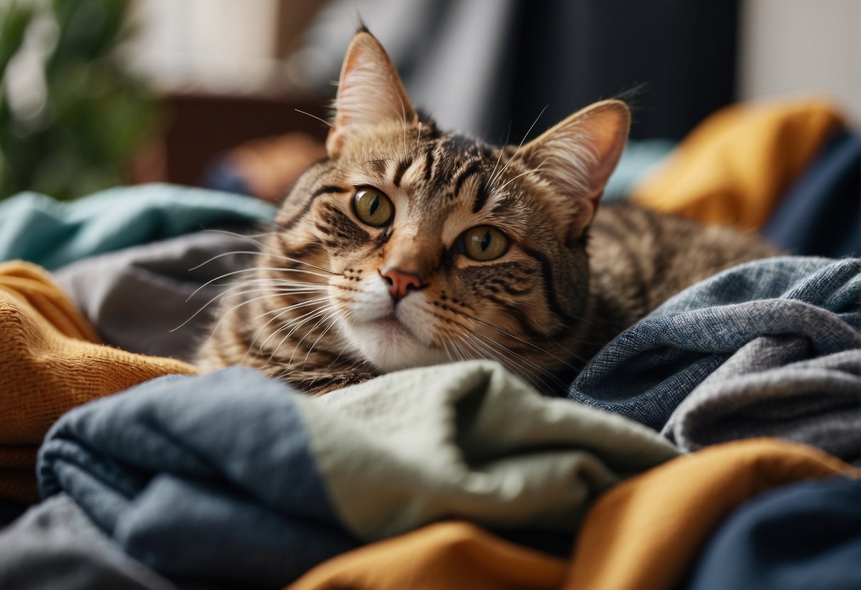 A cat lying on a pile of clothes, looking comfortable and content