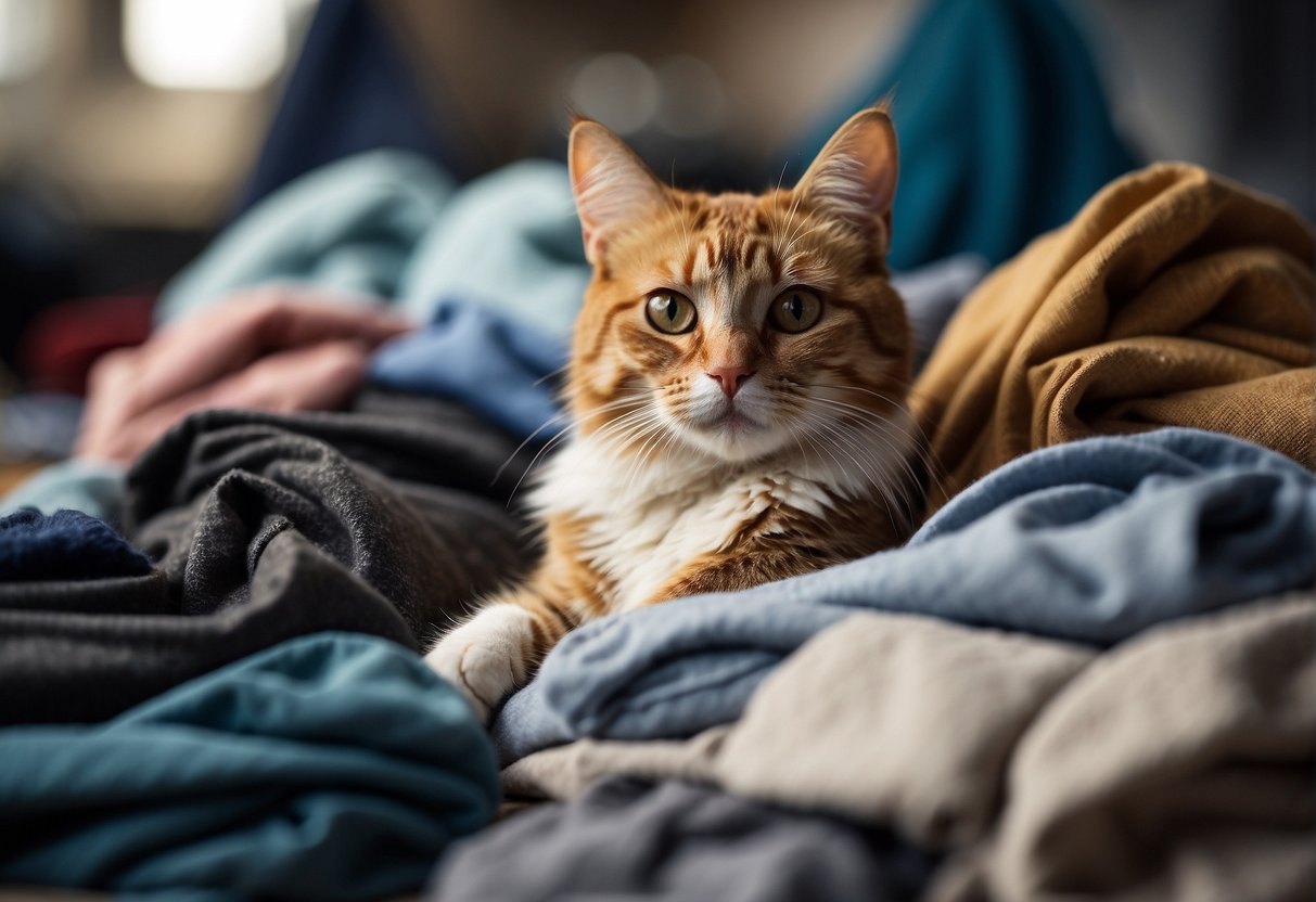 A cat lounges on a pile of laundry, nestled among the soft folds of clothing, with a curious expression on its face