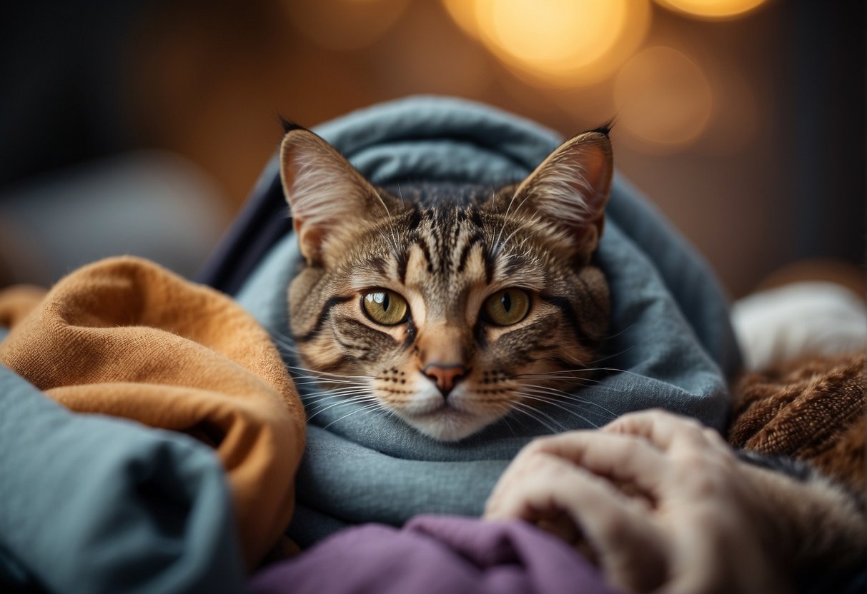 A cat lounges on a pile of clothes, looking content and relaxed. The clothes are neatly folded, and the cat is nestled in the soft fabric, enjoying the warmth and comfort