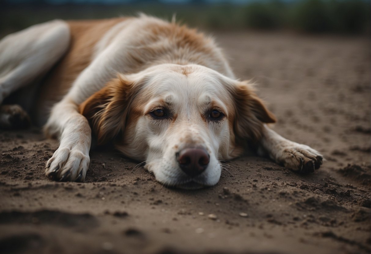 A dead dog lies on the ground in a desolate, dusty setting. Its fur is matted and its eyes are closed, creating a somber and eerie atmosphere