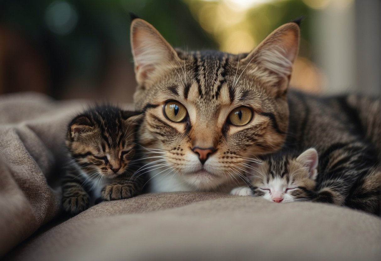 The mother cat nuzzles her surviving kittens, while the deceased kitten is gently removed from her side