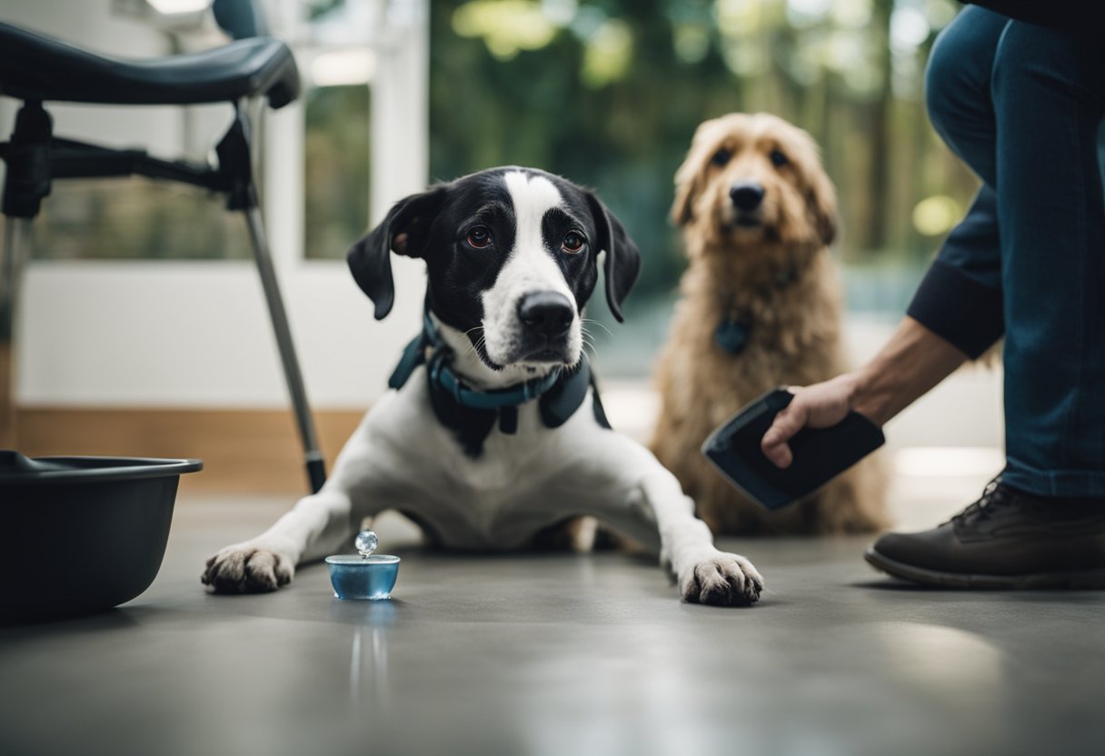 A dog sits on the floor, looking dazed. A person administers activated charcoal and water, while another person calls the vet