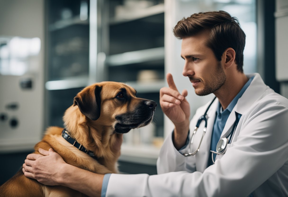 A dog owner listens intently as the veterinarian explains how to help their pet recover from being stoned at home